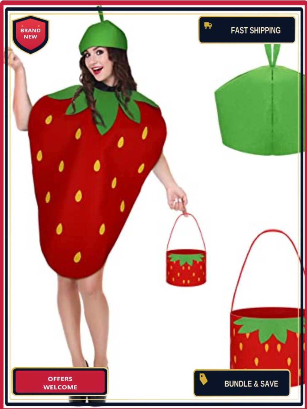 Strawberry Costume Set Felt Headpiece Handbag Halloween Party